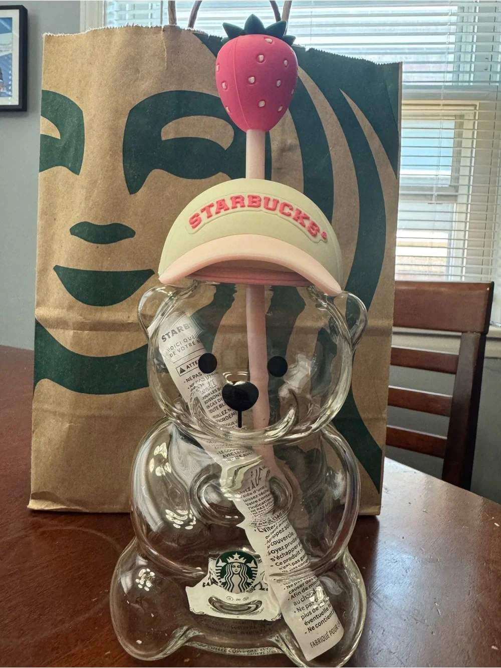 Starbucks Clear Bear Tumbler with Pink Straw, Pink Hat & Strawberry Topper